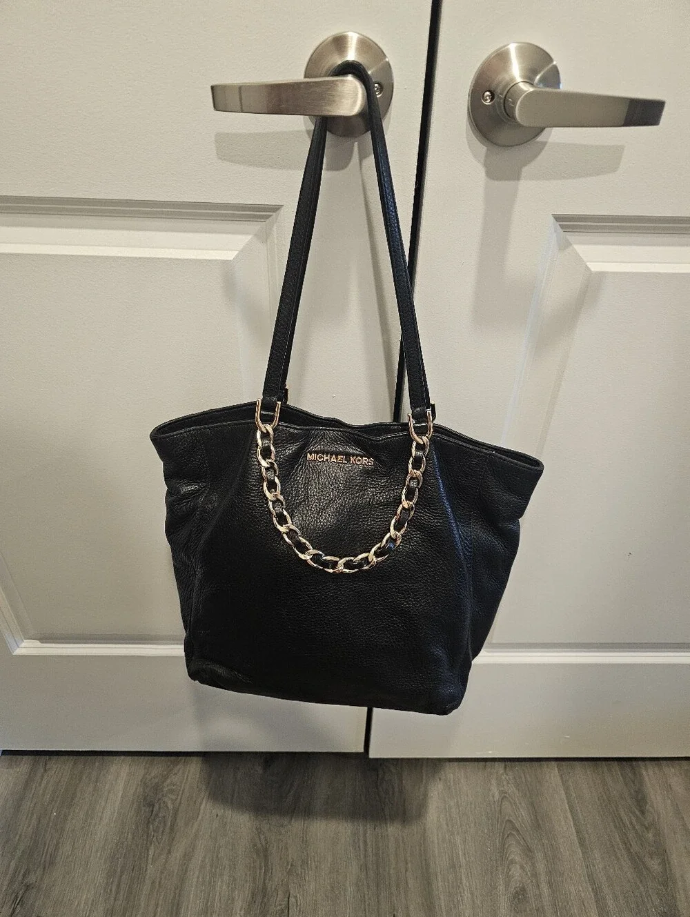 Michael Kors Black Leather Tote with Gold Chain Detail